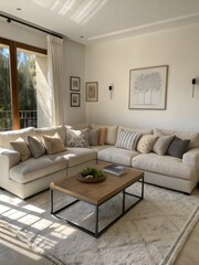 Cozy Living Room Interior with Sectional Sofa, Wooden Coffee Table, and Natural Light