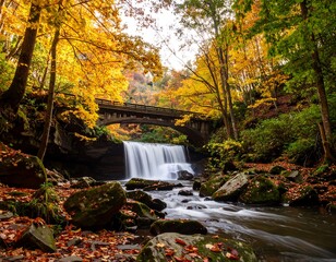 Autumn waterfall scene with arched bridge