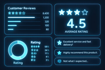 Digital customer review dashboard with star ratings bar graphs and pie chart customer reviews stars