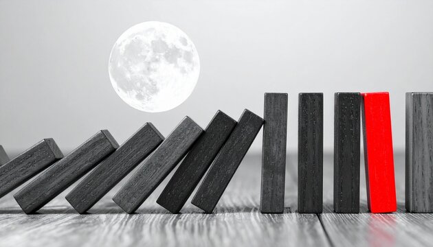 Stopping the domino effect. A single red domino represents the solution to a cascading business problem and crisis management.