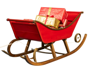 Traditional Red Christmas Sleigh Filled with Gifts Front Perspective Isolated on Transparent Background PNG
