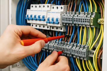Electrician Using a Screwdriver to Connect Wires in an Electrical Panel wiring circuit breaker