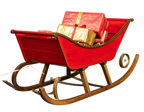 Traditional Red Christmas Sleigh Filled with Gifts Front Perspective Isolated on Transparent Background PNG