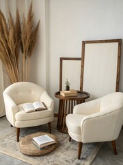 Elegant Interior with Armchairs, Wooden Table, Books, and Pampas Grass Decoration