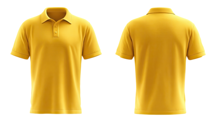 Front and back view of a mustard yellow polo shirt
