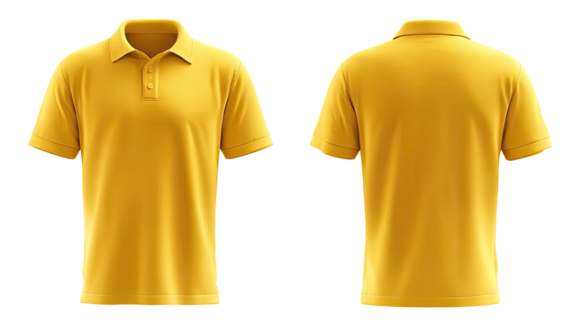 Front and back view of a mustard yellow polo shirt