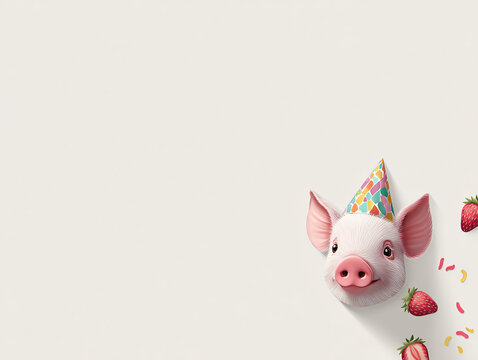 Piglet Party Celebration Whimsical Decorative Cute Pig Fun Hat Strawberries White Background Colorful Joyful Smile Farm Animal Happy Festive Jubilee Kids Merrymaker Sweet Playful Childhood Bash