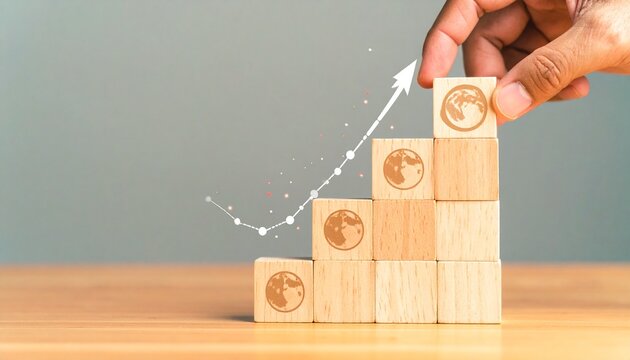 Hand placing a wooden block on top of a growing graph, symbolizing global growth and progress
