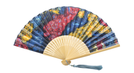 Hand fan accessory with printed fabric, isolated on white background