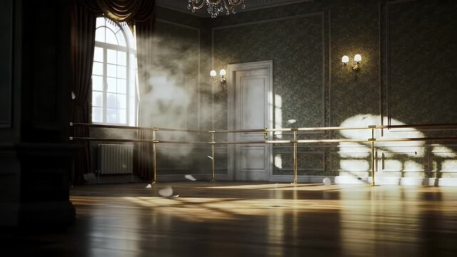 Captivating Dance Studio Interior with Ornate Wallpaper Gold Railings and Sunlit Window Featuring a Chandelier on the Ceiling and Wooden Floor Reflecting Sunlight Creates a Timeless Atmosphere