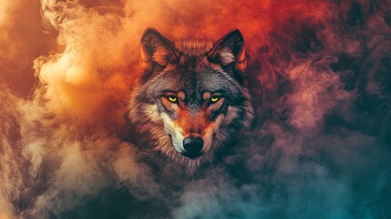 Abstract tribal artwork of a wolf surrounded by colorful smoke, vibrant illustrative digital painting featuring ethereal thick mist and mystical animal spirit design for creative backgrounds and moder