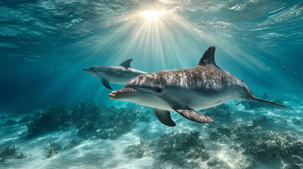 Fototapeta premium Dolphin swimming gracefully in clear ocean water, sunlight reflections, calm marine environment, aquatic beauty, peaceful underwater scene, wildlife nature photography.