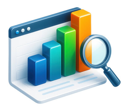 3D web analytics chart with magnifier icon.