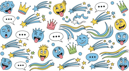 Playful doodle illustration with monsters, stars, and speech bubbles on white background
