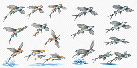 A collection of illustrated flying fish in various flight phases, shown leaping from the water and gliding through the air.