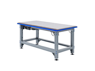 Light gray metal workbench with a light blue edge