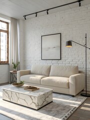 Bright Living Room with Beige Sofa, Marble Coffee Table, and White Brick Wall Interior Design