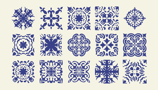 Mediterranean ceramic tile pattern collection, set of ornaments, templates isolated on white background