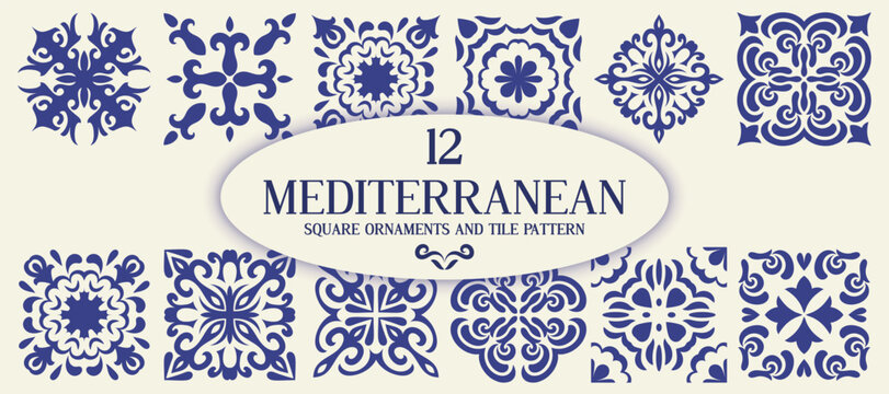 Mediterranean ceramic tile pattern collection, set of ornaments, templates isolated on white background