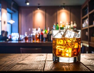 A glass of amber liquor with ice cubes sits on a wooden bar top in front of a blurred background of bottles and patrons.