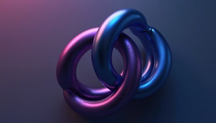 Fototapeta premium Interlocking 3D rings in vibrant purple, blue hues create modern abstract symbol. This glossy render suggests connection, partnership, technology with smooth, clean lines, minimal geometric design.