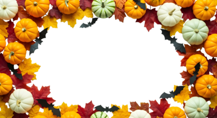 Vibrant autumn harvest border with pumpkins, colorful leaves, and spooky bats creating a festive Halloween scene
