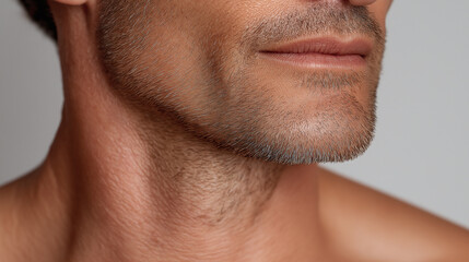 Obraz premium Close up of male lower face and neck with light stubble and smooth skin showing natural texture and healthy appearance in soft lighting