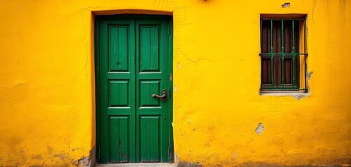 Green wooden door, weathered yellow colonial wall, Jaen Street, La Paz, Bolivia , texture, Andean architecture