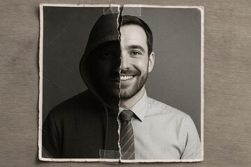 Vintage photo torn showing dual identity. Use for corporate fraud prevention, workplace training, IT awareness, insider threat risk campaigns.
