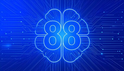 Artificial Intelligence Brain Concept 88 Number and Circuitry on Blue Background