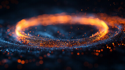 Dynamic glowing circle of light on dark background, luminous optical fiber effect, high-speed motion, futuristic 3D rendering, abstract technology, digital energy concept.