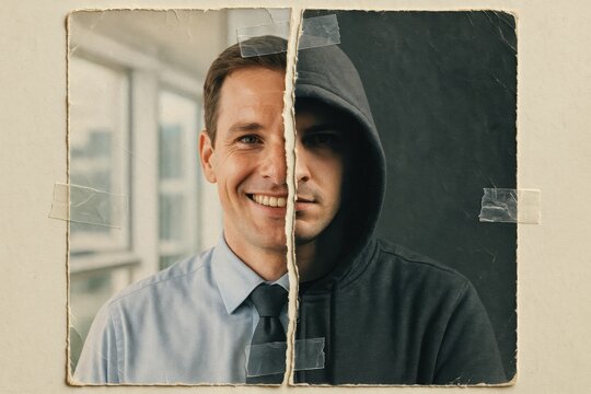 Torn paper split of employee and hacker. Use for IT awareness, cybercrime prevention, fraud detection, corporate risk training.
