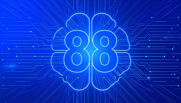 Artificial Intelligence Brain Concept 88 Number and Circuitry on Blue Background
