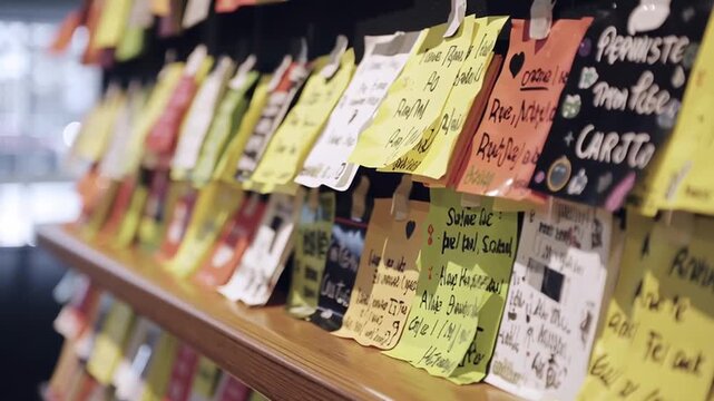 Post it notes with handwritten messages wooden surface create colorful and sticky communication environment inspiring creativity dual language immersion program workspace for planning