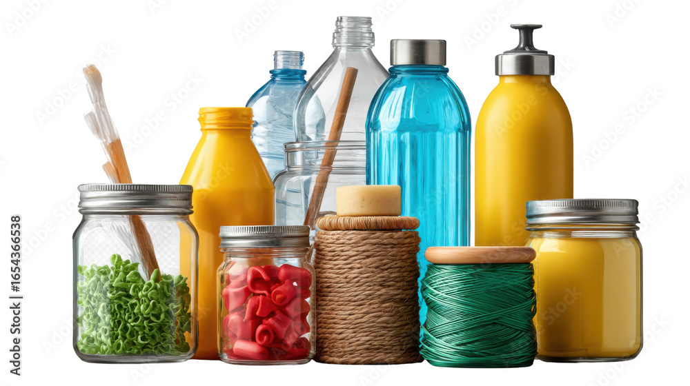 Wall mural colorful collection: an array of clear and vibrantly colored glass and plastic containers filled wit
