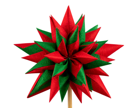 Whimsical Red and Green Ribbon Star Tree Topper, Slight Top-Down Perspective, Isolated on Transparent Background PNG