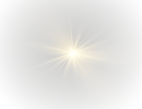 PNG radiant sun with magical flash and gold glow effect featuring explosion spark, violet lens flare, isolated spot, and science-inspired rays for background or object highlight design