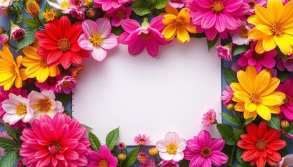 Obraz premium Vibrant blooms surround blank paper, ideal for journaling or sketching, card, creative