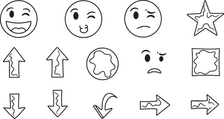 Collection of doodle emojis and arrows, black and white illustration