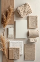Interior design mood board featuring neutral color palette with beige, brown, cream swatches. Includes wood samples, textured fabrics, natural elements like pampas grass. Modern, cozy, organic home