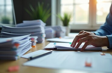 Secretary works with stacks of documents on desk. Prepares company board meeting reports and investor paperwork. Office workload organized in piles on table. Business finance and accounting tasks.
