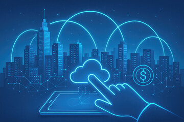 Finger Touching Cloud Icon on Tablet with Cityscape and Network Connections technology digital