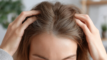 Fototapeta premium Close up of woman with light brown hair showing patchy hair loss on scalp, hands touching hair, indoor setting with blurred background, natural light highlighting skin and hair texture