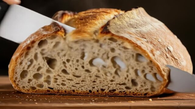A crusty loaf is partially sliced by a steel blade. The bread's interior reveals a complex cellular structure. It rests on a wooden surface