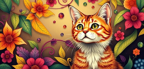 Whimsical cat portrait, swirling leaves, vibrant floral patterns, intricate details,  drawing,  illustration