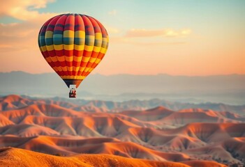 Obraz premium Whimsical colorful hot air balloon soaring above abstract orange and yellow sunset hills , beautiful, happy