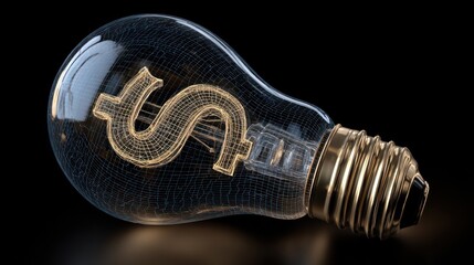 A lightbulb with a wireframe, holding a dollar sign, illuminated against a black background