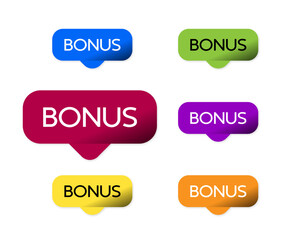Set of colored stickers with the inscription bonus on a white background shape in different colors