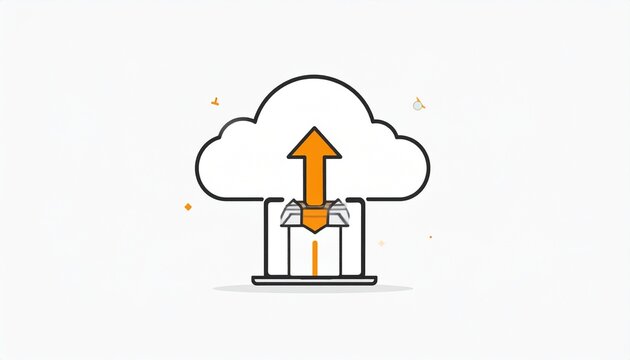 Cloud computing illustration with data uploading to an online storage server. Concept for fast digital file transfer, backup, and network hosting services.