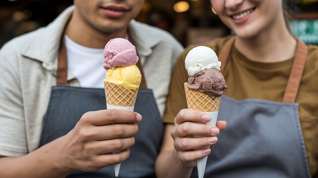 Joyful couple enjoys delicious ice cream cones on a sunny day, sharing a sweet moment of delight